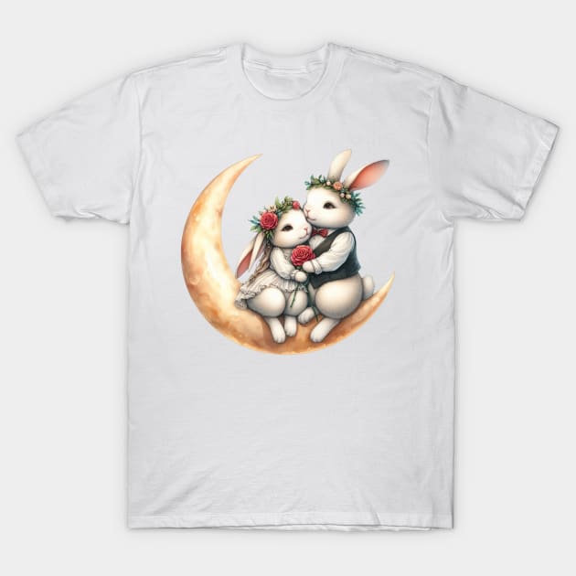 Valentine Rabbit Couple on Moon T-Shirt by Chromatic Fusion Studio